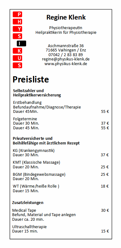 Preisliste 2026